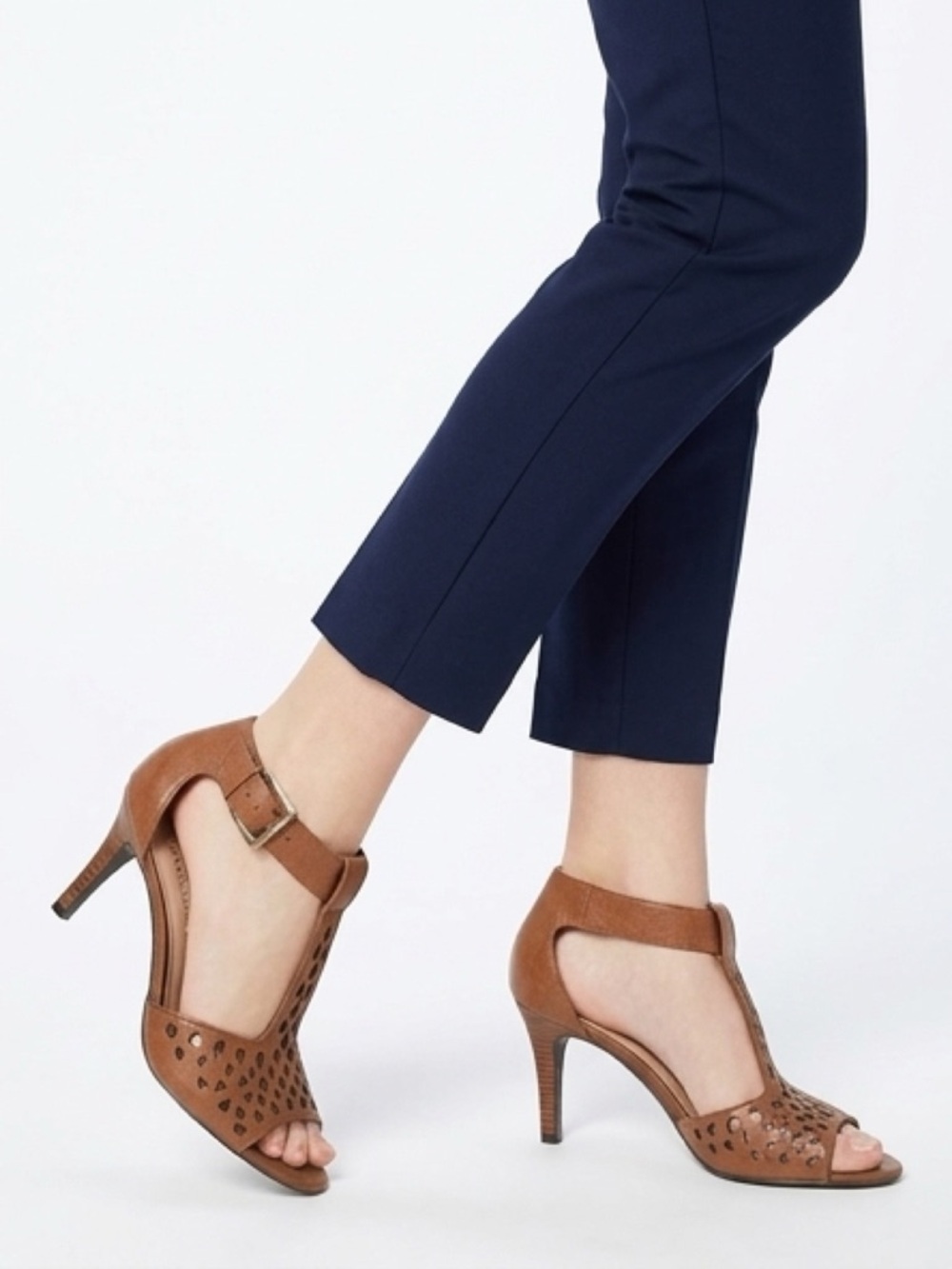 Franco Sarto Brown Laser-Cut T-Strap Heels